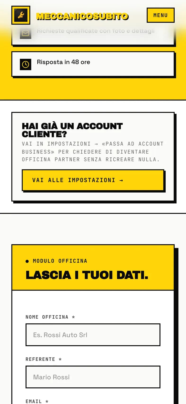 Modulo Lascia i tuoi dati della pagina lavoriamopernoi, con sopra il riquadro Hai già un account cliente?