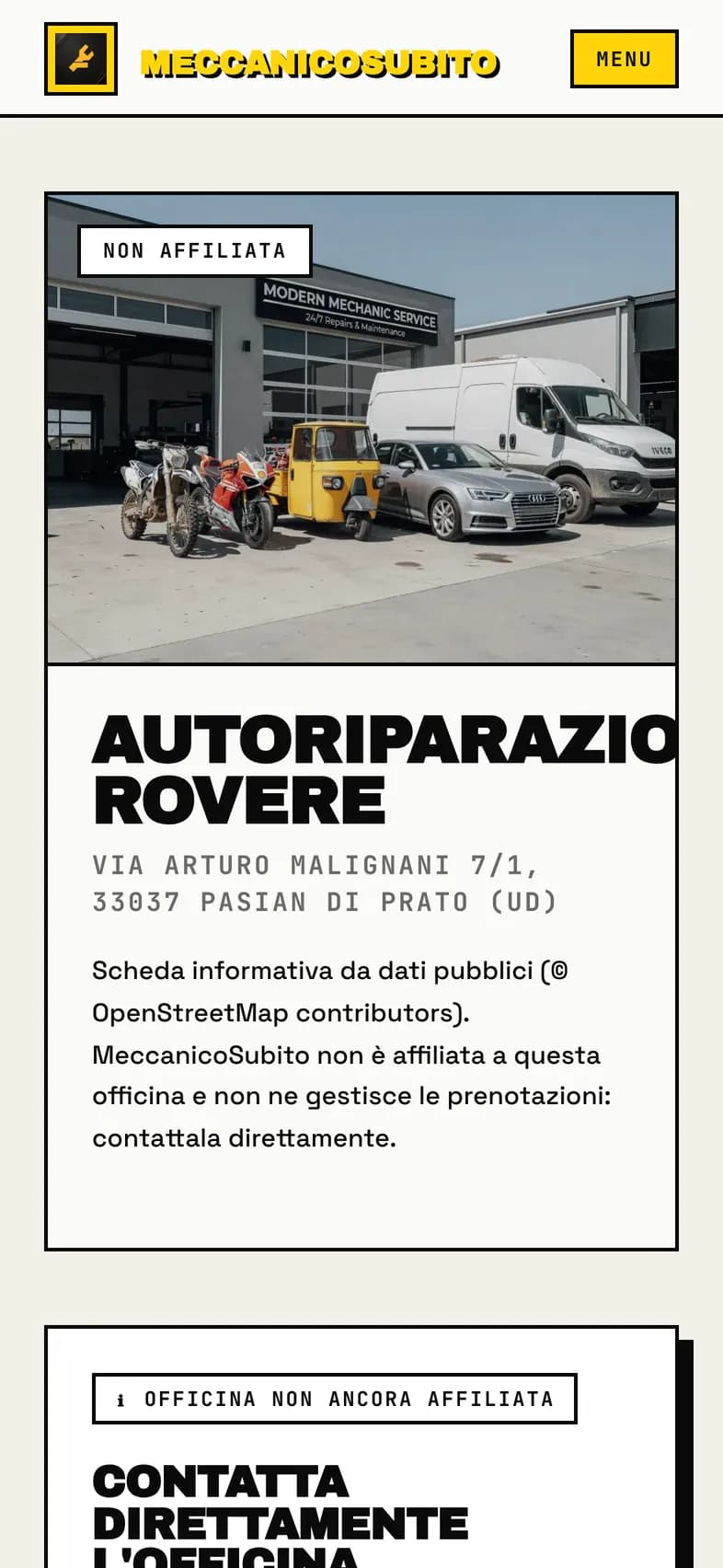 Scheda pubblica di un'officina non affiliata su MeccanicoSubito, con il badge Non affiliata sopra la foto