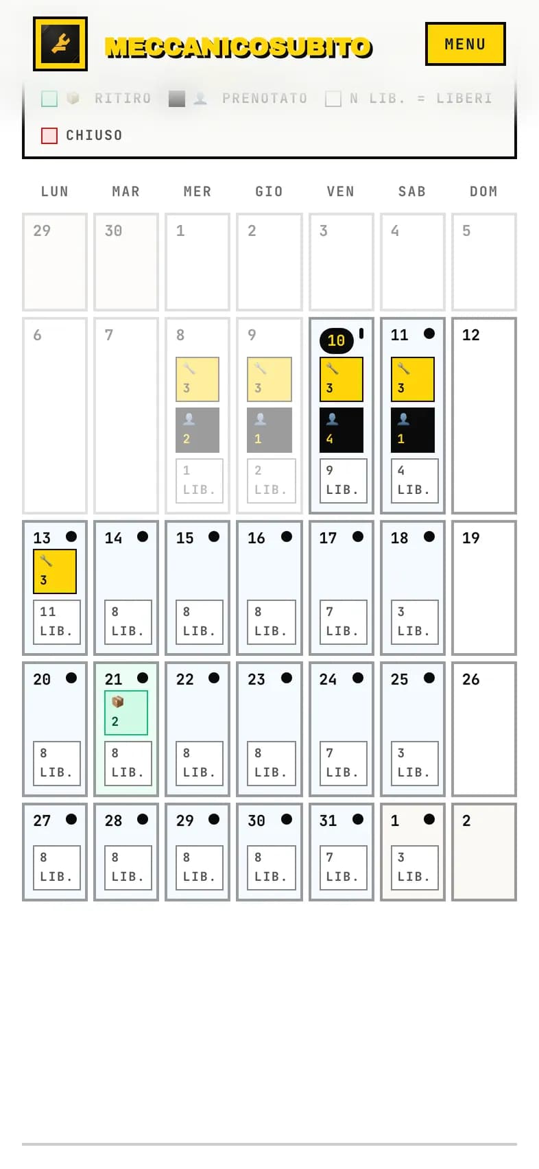Calendario del mese: orari di lavoro in giallo, appuntamenti prenotati in nero, ritiri in verde e posti liberi indicati per giorno