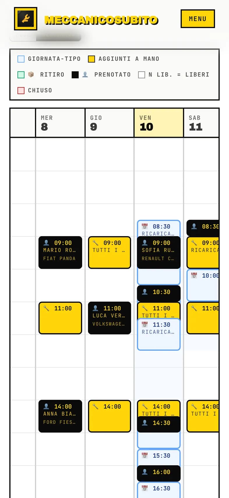 Vista settimana del calendario officina con le giornate riempite dagli orari del piano settimanale