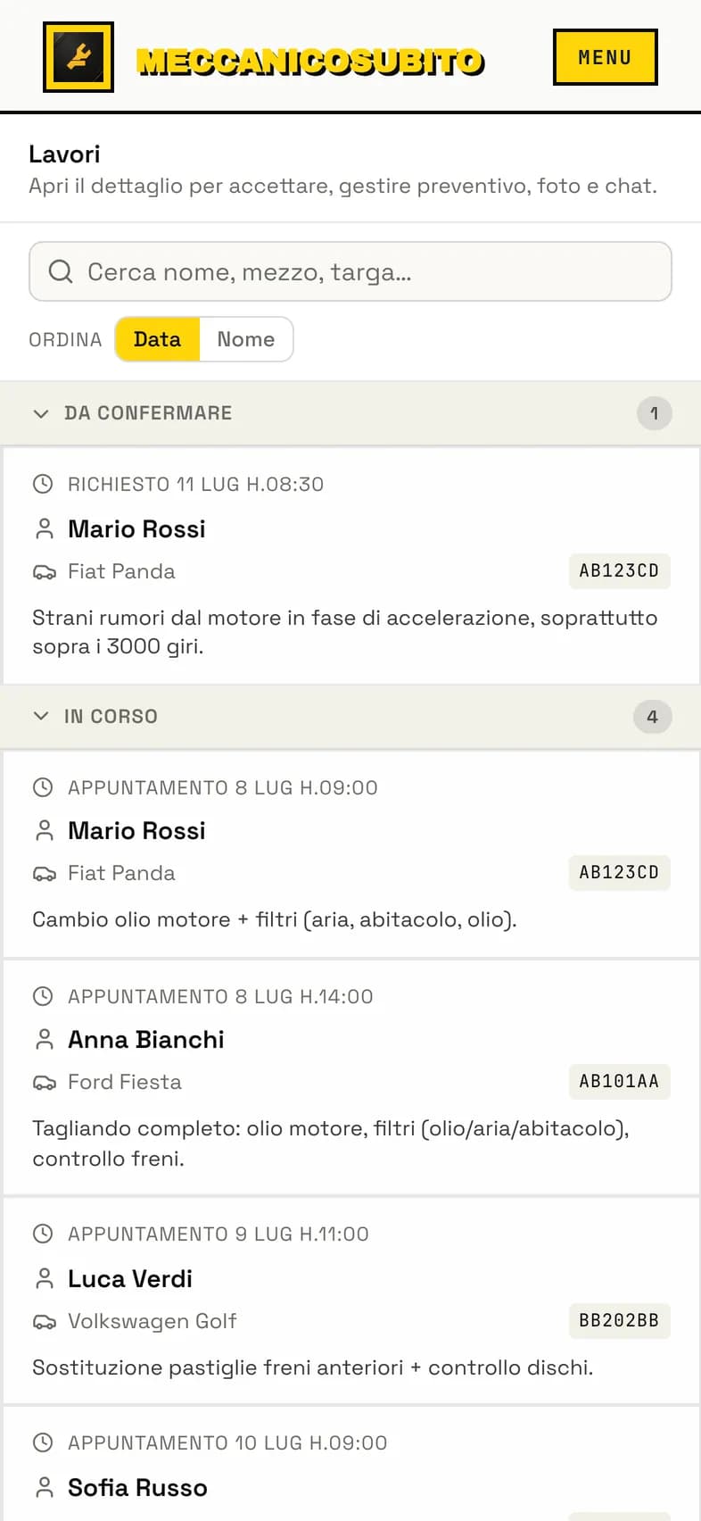 Hub Lavori con la sezione Da confermare e una richiesta con etichetta In attesa