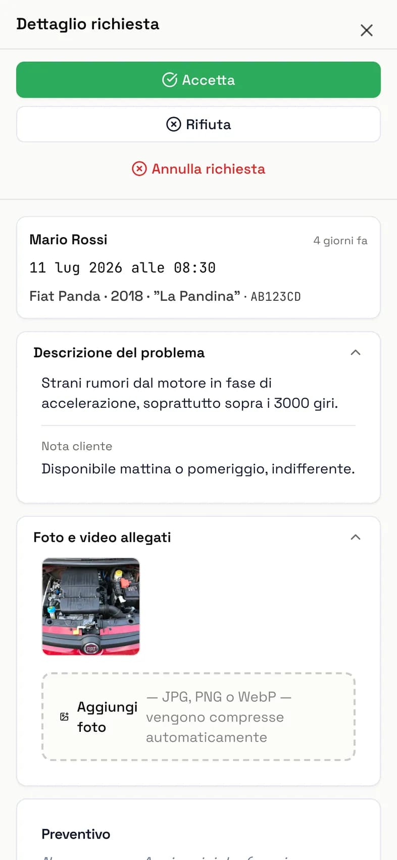 Richiesta aperta con i dati del mezzo, le foto del problema e la chat col cliente