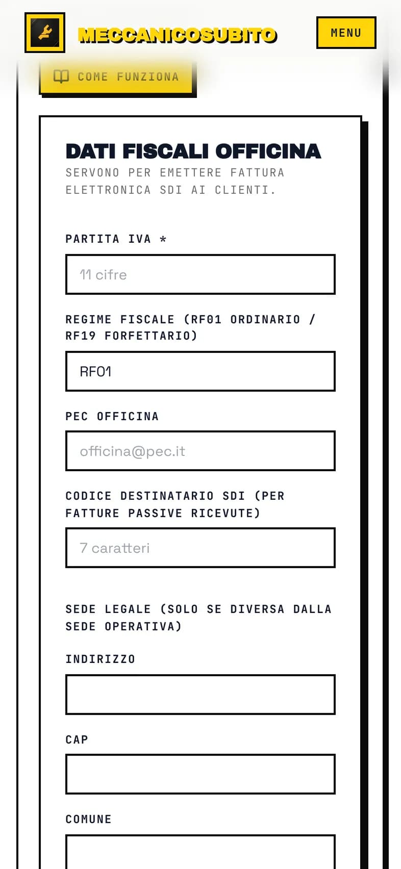 Modulo Dati fiscali officina con partita IVA, regime IVA, PEC e codice SDI
