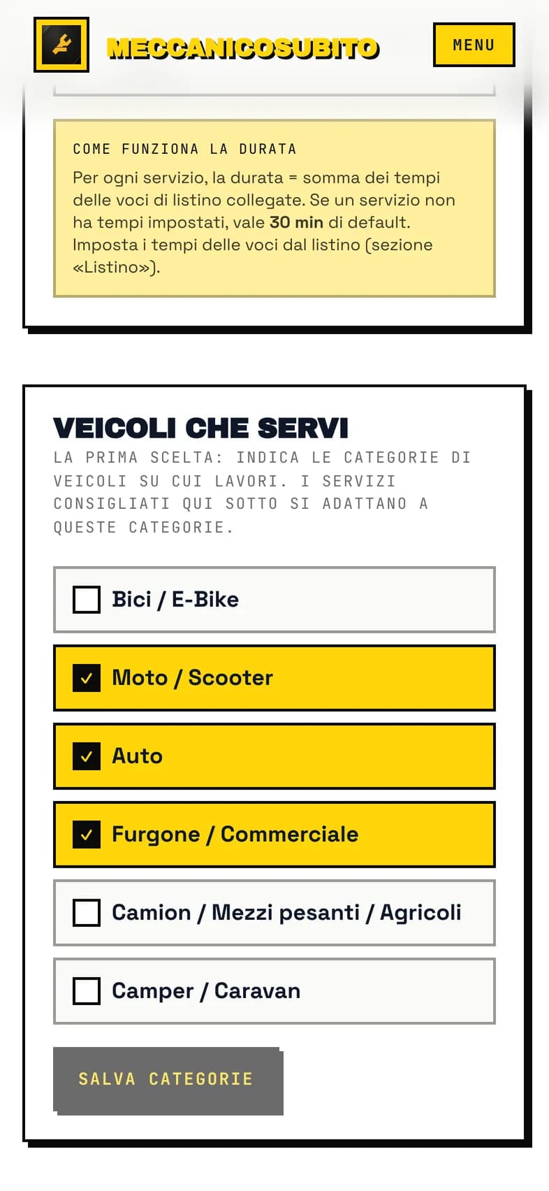 Scheda Servizi delle impostazioni officina con la sezione Veicoli che servi e le categorie da spuntare