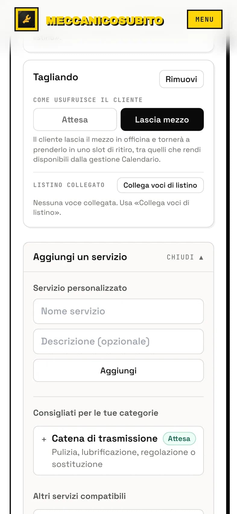 Finestra Aggiungi un servizio con la scelta dal catalogo e le opzioni Attesa o Lascia mezzo