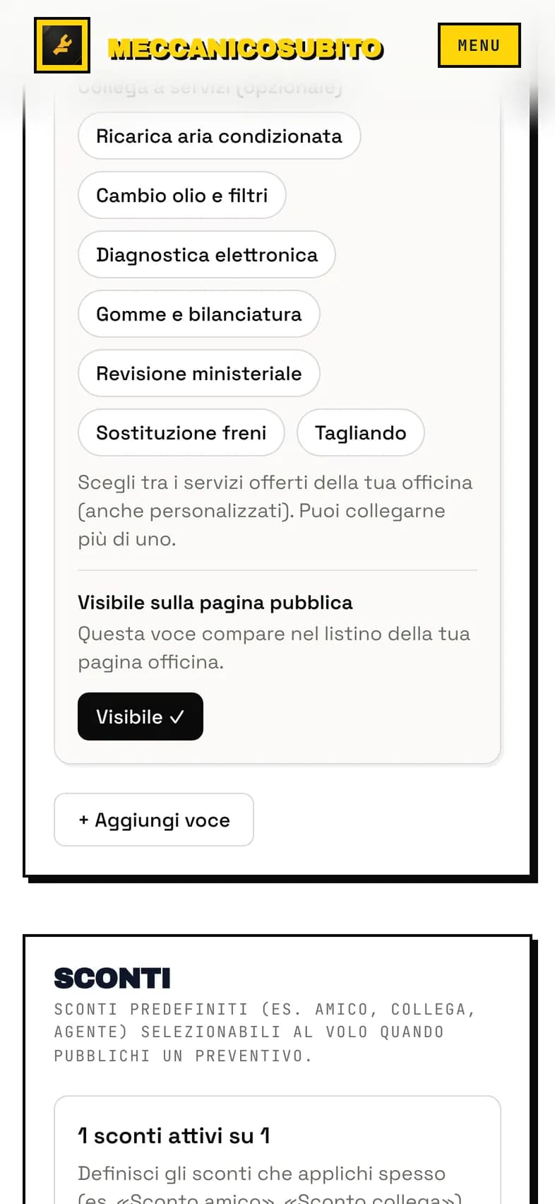 Sezione Listino prezzi con le voci, l'interruttore Visibile e il bottone Aggiungi voce