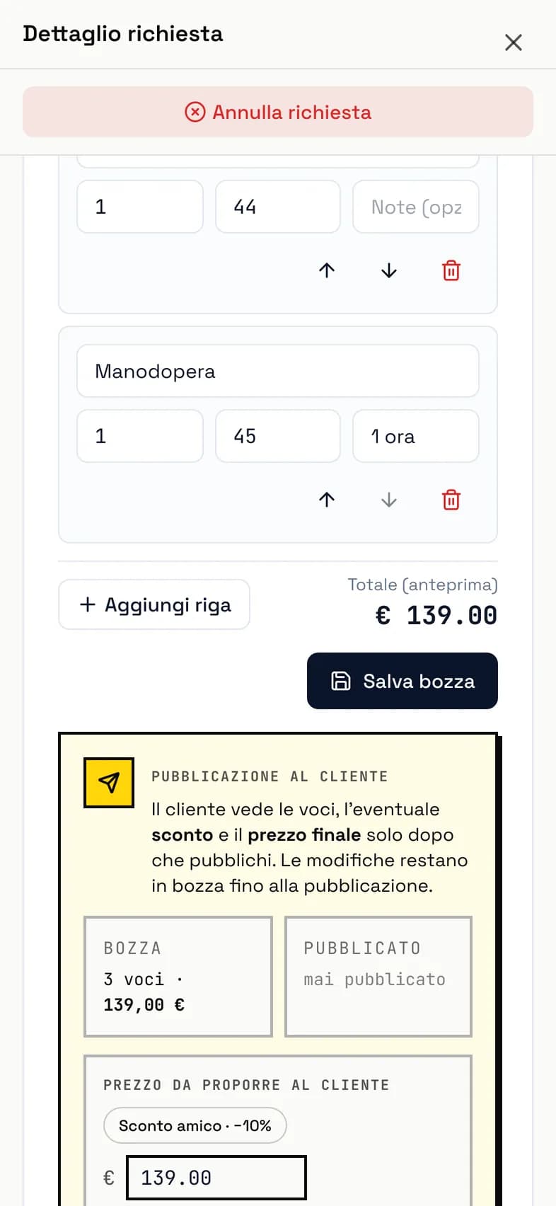 Editor del preventivo con le righe di pezzi e manodopera, quantità, prezzi e il bottone Salva bozza