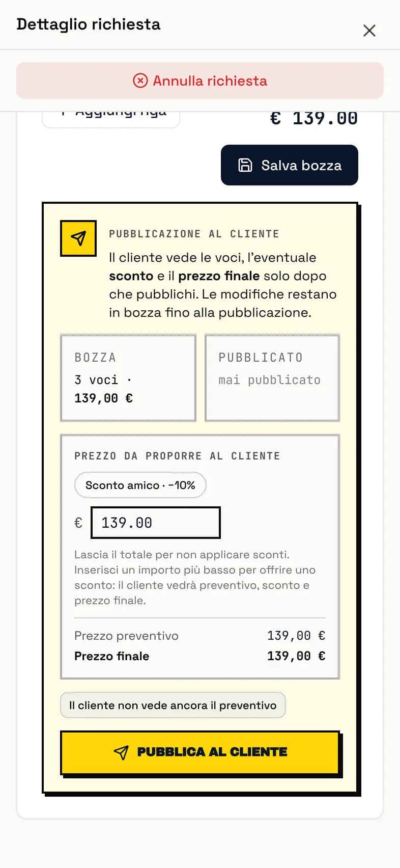 Card di pubblicazione del preventivo con lo sconto applicato e il bottone Pubblica al cliente