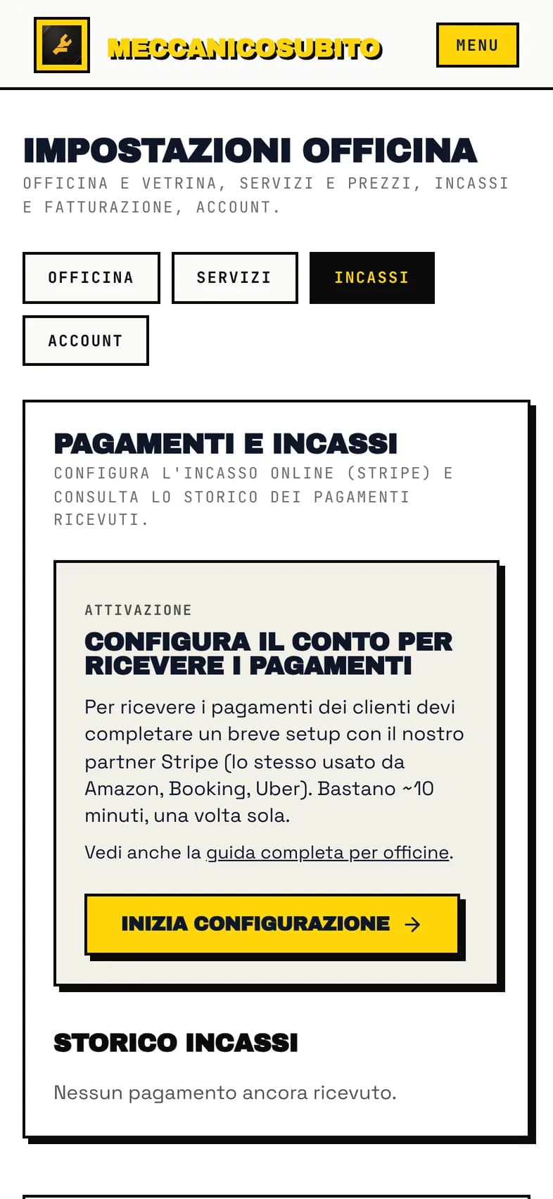 Scheda Incassi con il riquadro Configura il conto per ricevere i pagamenti e il bottone Inizia configurazione