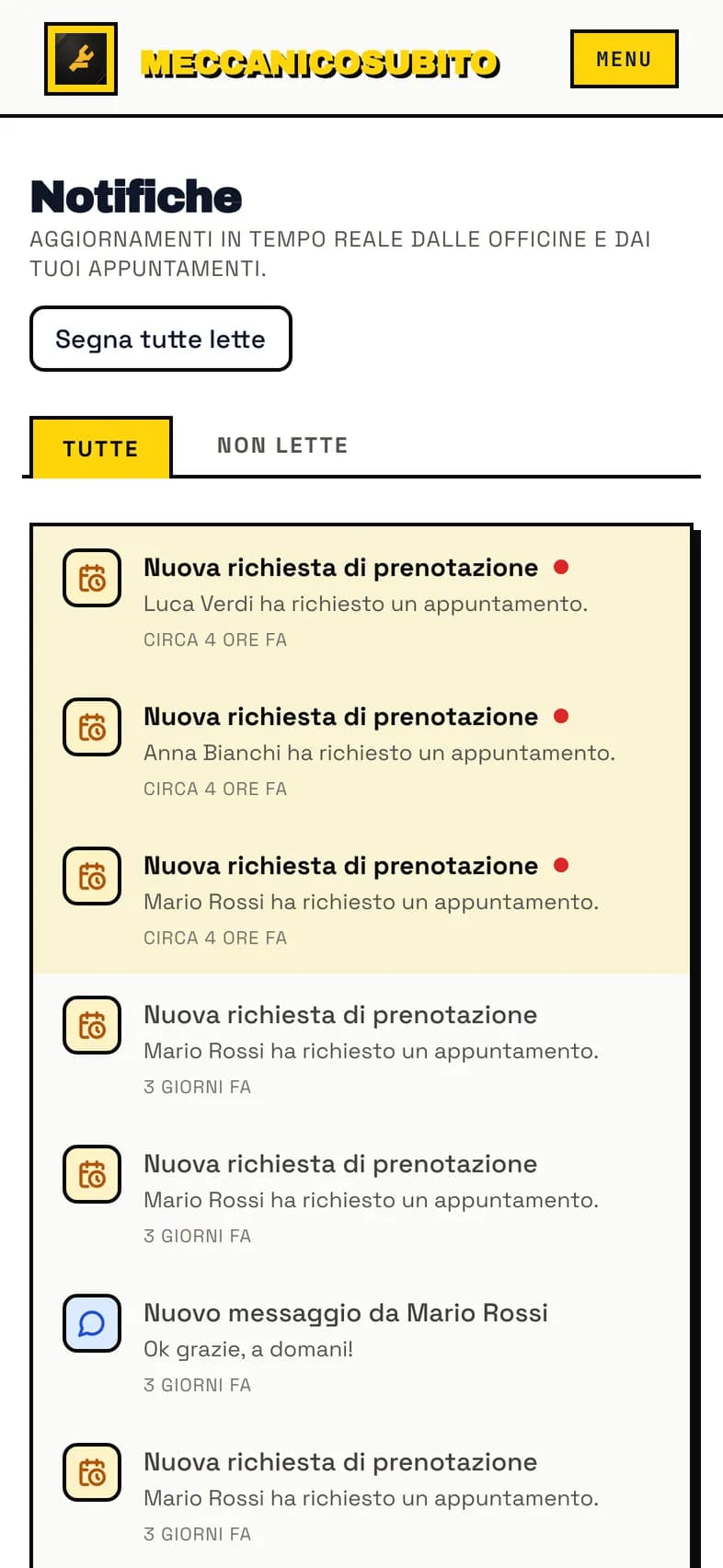 Pagina Notifiche con le schede Tutte e Non lette e il bottone Segna tutte lette