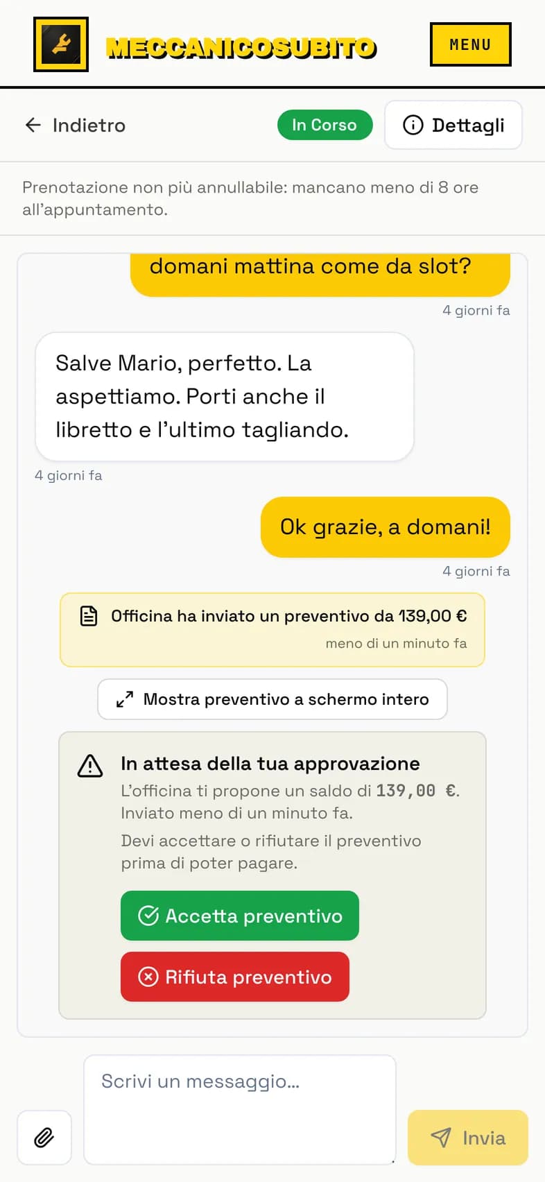 Il preventivo come lo vede il cliente, con i bottoni Accetta preventivo e Rifiuta preventivo
